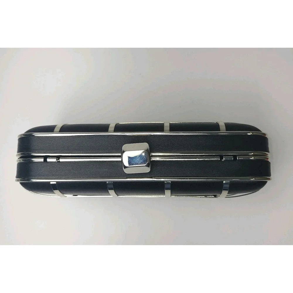 Glint Black Satin Clutch Silver Grid Frame Evening Bag Formal Wedding Goth